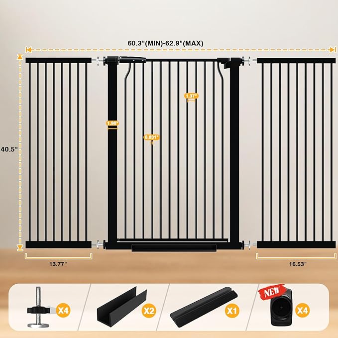 40.5" Tall Baby Gate 60.2-63" Wide No Drilling Tall Pet Gate Cat Gate Extra Wide Baby Gate Safety,Extra Narrow Auto-Close for Indoor Stairs, Doorways, and Kitchen