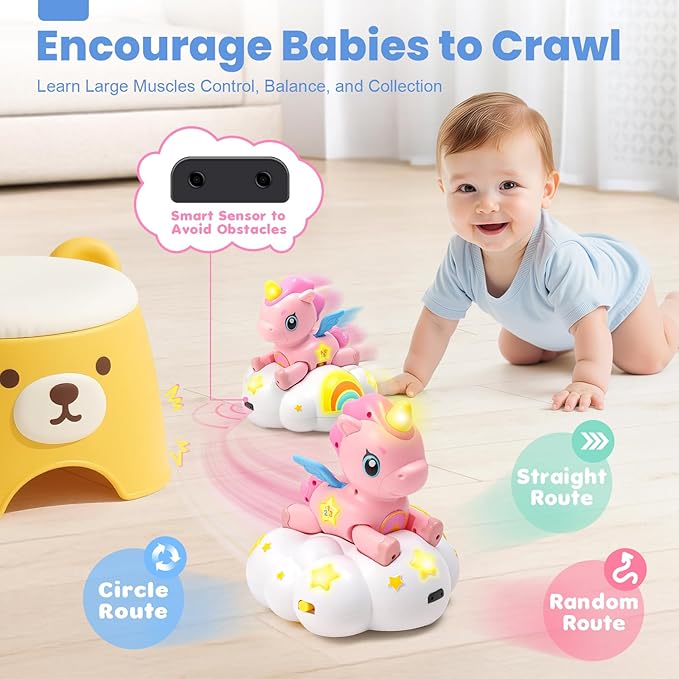 Duchong Baby Toys 6-12 Months Girls Boys, Unicorn Crawling Toys with Music, Sensory Development Learning Toy for 1 Year Old, Christmas Birthday Gifts for Toddler 9-12-18 Months
