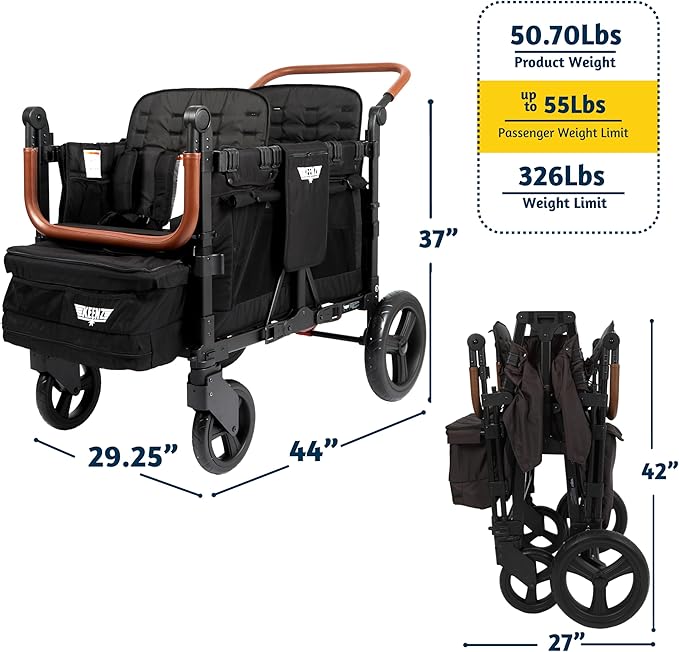 Keenz VYOO Stroller Wagon with Canopy - Foldable Design for Easy Storage, 5 Seating Positions for Kids, Enhanced Child Safety, All-Terrain Mobility, 4-Passangers, Black