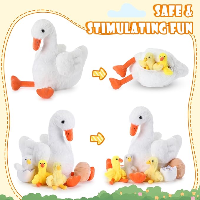 HyDren 5 Pcs Goose Stuffed Animal Family Plush Toy Gift One Silly Goose Birthday Decor Kid Kindergarten Back to School Classroom Cute 10 Inch Mommy with 3 Cute Babies in Her Belly Soft Cuddly Plushie