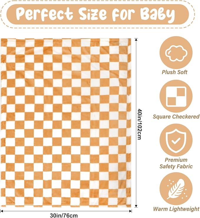 Plush Checkered Baby Blanket for Boys Girls Nursery, 30"*40" Warm Short Fleece Blanket Neutral for Infant Newborn, Small Fuzzy for Sleeping, Chenille Baby for Stroller (Orange&White)