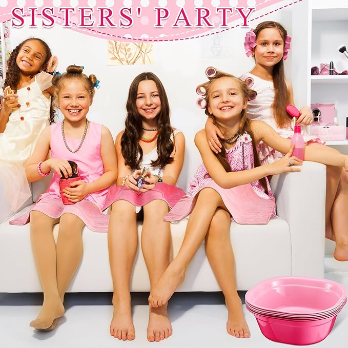 Patelai 6 Sets Kids Foot Spa Kit for Girl 12 x 12 x 4.3 Inch Foot Tub 14 x 30 Inch Hand Towels Washbasin Towels for Spa Party Sleepover Party Supplies (Pink, Rose Red)