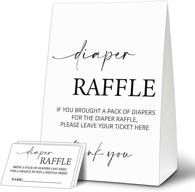 Baby Shower Game Card Set, Diaper Raffle Tickets and Sign, Modern Black and White 1 Sign and 50 Cards, Minimalist Boy Girl Gender Neutral Baby Shower Supplies-B01