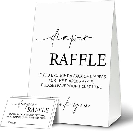 Baby Shower Game Card Set, Diaper Raffle Tickets and Sign, Modern Black and White 1 Sign and 50 Cards, Minimalist Boy Girl Gender Neutral Baby Shower Supplies-B01