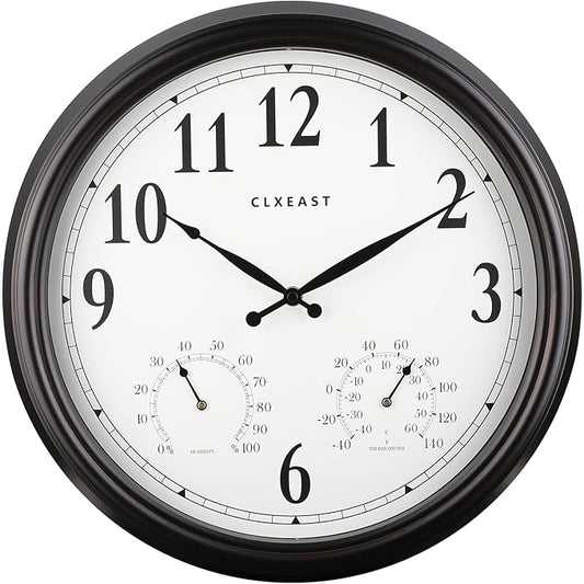 CLXEAST Indoor Outdoor Clocks Waterproof 16 Inch, Large Outdoor Clock with Temperature and Humidity for Patio,Porch,Pool,Oil Rubbed Bronze Black Finish,House Warming Gifts New Home