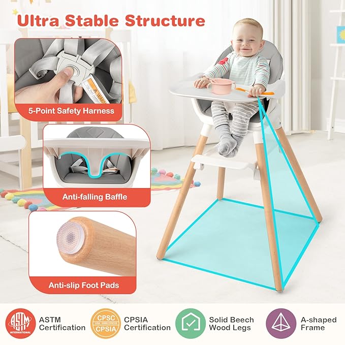 HONEY JOY Baby High Chair, 6 In 1 Convertible Wooden Highchair for Babies and Toddlers/Toddler Chair/Bar Stool, Removable Double Tray & Reversible Footrest, Safety Harness for Infant Boys Girls (Gray)
