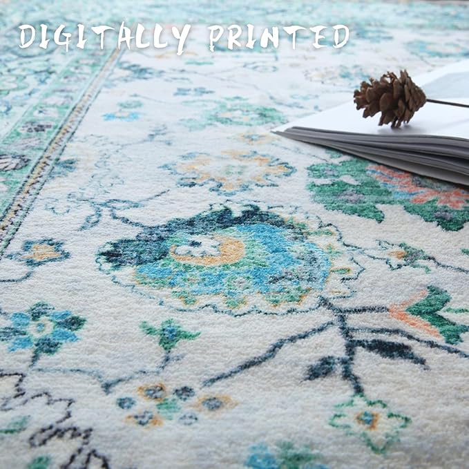 Area Rugs 8x10 Rug for Living Room Clearance Washable Boho Area Rug Non Slip Soft Vintage Low Pile Large Rug for Living Room, Bedroom, Farmhouse, Dining Room, Kids Playroom(Green)