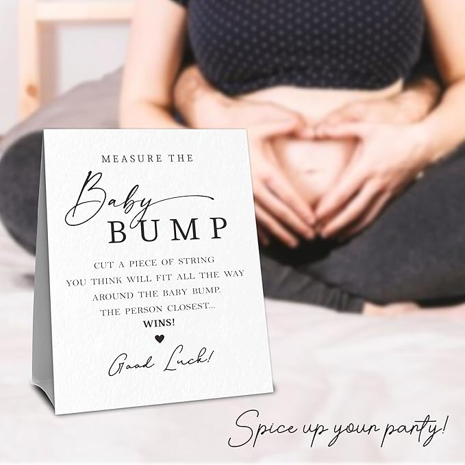 Minimalism Baby Shower Measure The Baby Bump, Measure Mommy's Belly Game Set - 1 Self-Standing Sign And 50 Tickets - Gender Reveal, Baby Shower, Baby Announcement Activity & Party Favor Supplies - A06