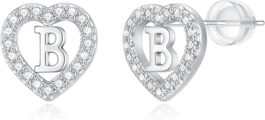 Initial Heart Earrings for Girls, Sterling Silver Post Silver/Rose Gold Heart Initial Stud Earrings for Little Girls Kids Baby Earrings Non Tarnish Hypoallergenic Earrings for Teen Girls Gifts Jewelry
