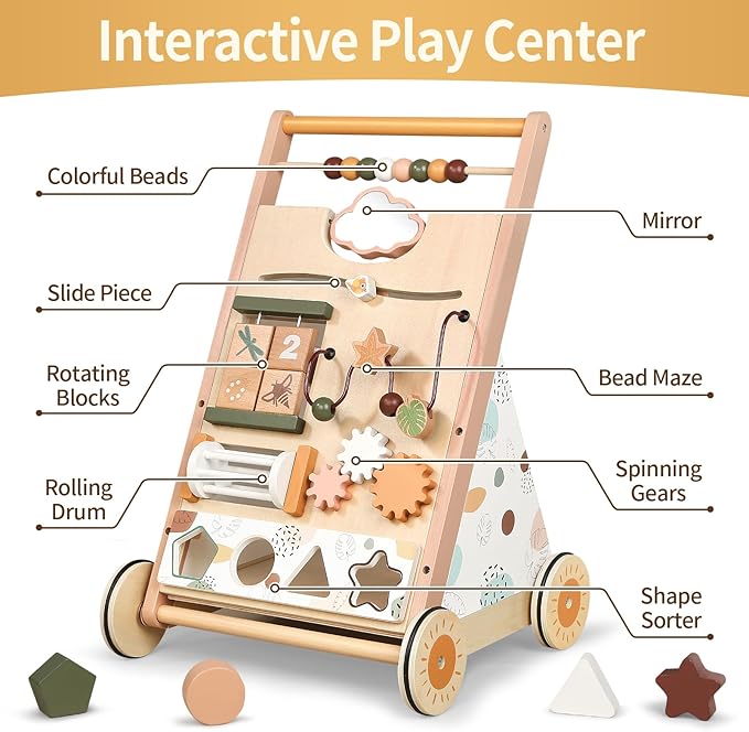 Joyreal Wooden Baby Walker Push Toys - Adjustable Speed Push Walker with Wheels and Learning Activity Center - Neutral Color Montessori Toys for Baby Boys and Girls Birthday Gifts