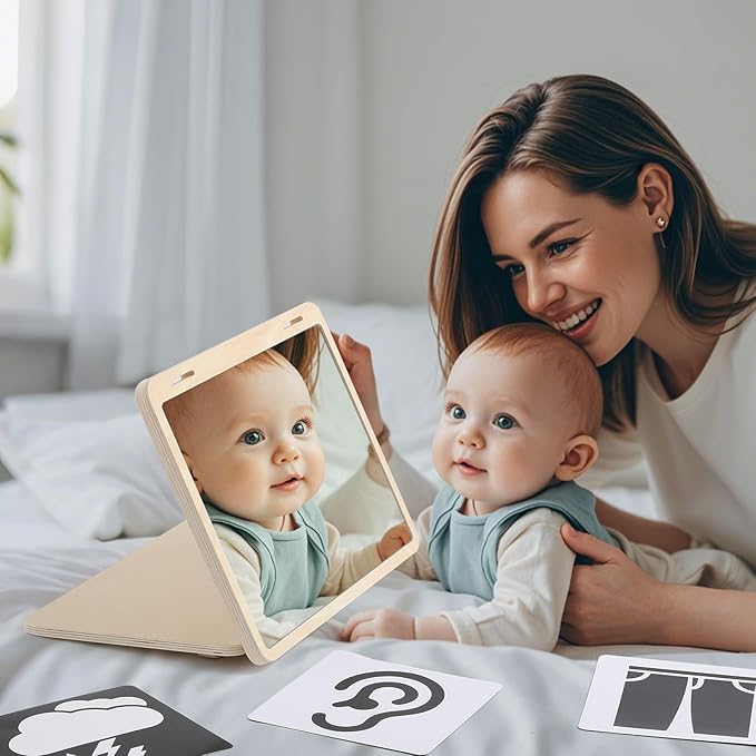 IEATFO Tummy Time Play Set Adjustable Angle, Double-Sided Design, Montessori Tummy Time Toys Large Baby Safe Mirror and Card Display Stand with Black and White High Contrast Baby Cards