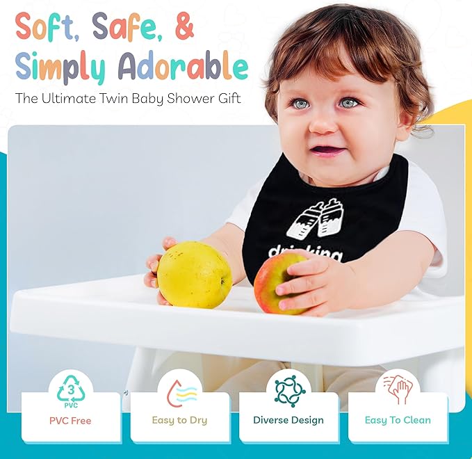 100% Cotton Drinking Buddies Twin Bibs Cute & Practical Unisex Bibs for Twins with Waterproof, Durable, for Everyday Use