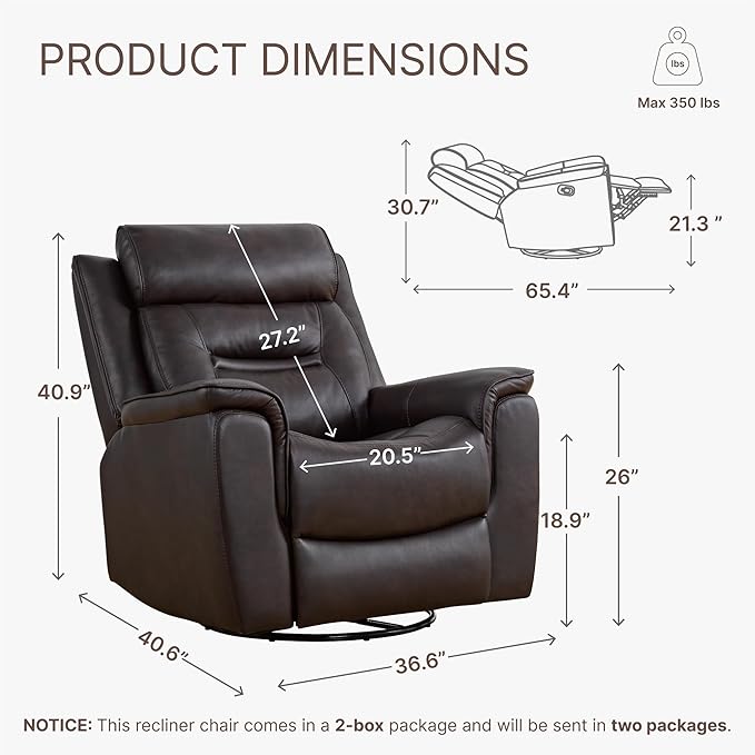 Leather Recliner Chair, 360° Swivel Rocker for Adults Manual Rocking Reclining Chair with Adjustable Backrest Footrest for Living Room Bedroom Home Theater Seating