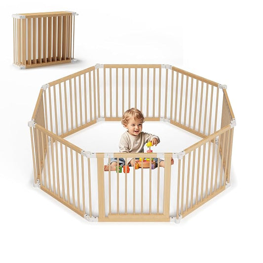 Wooden Baby Playpen, Foldable Large Size Wood Playpen 8 Panels, Adjustable Baby Playard for Babies and Toddlers with Safety Locking Gate, 57"x57"x24"