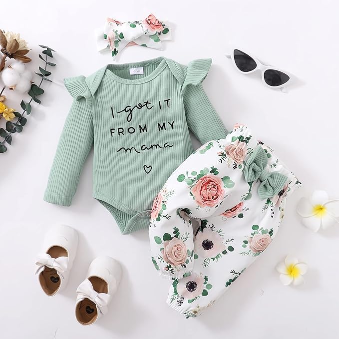 DISAUR Baby Girls Clothes Newborn Infant Baby Girls Outfit Long Sleeve Ruffle Romper Floral Pants Headband Sets 0-18 Months