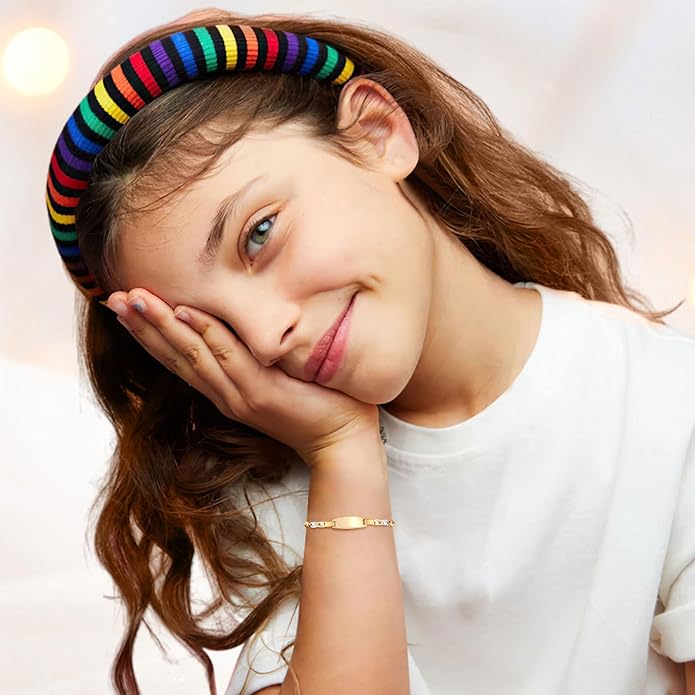 Personalized Baby ID Bracelet - 18K Gold Plated Tri-Color Chain Custom Name ID Plate Bar Bracelet for Children Toddler from Mom,Engraved Kid Name Customized Birthday,Back To School Gift for Daughter