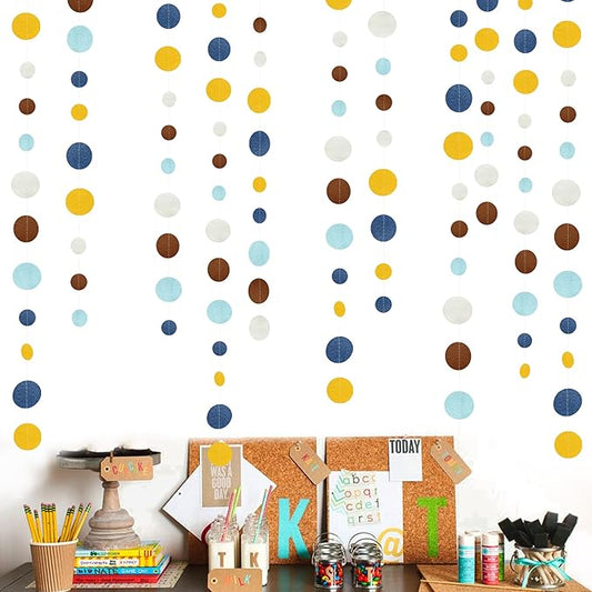 Boho Classroom Decorations Navy Blue Yellow Brown Felt Circle Dot Garland Hanging Polka Dot Streamer for Classrooms Preschool Everyone is Welcome Homeschool Nursery Birthday Baby Shower Party Decor