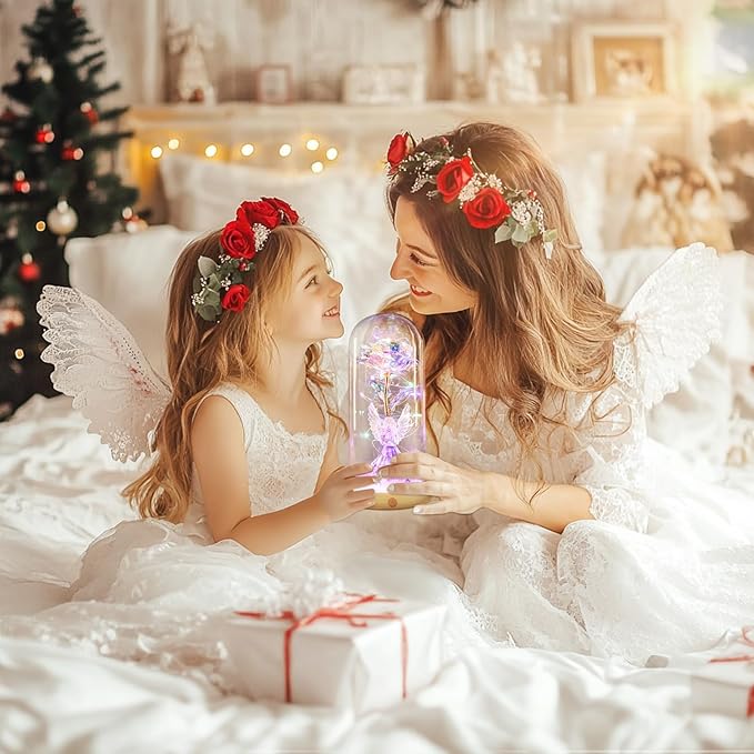 Birthday Gifts for Women Angel Rose USB Rechargeable Light Up Flowers in Glass Dome,Preserved Flowers Grandma Mom Gifts from Daughter Angel Figurines for Anniversary Mothers Day