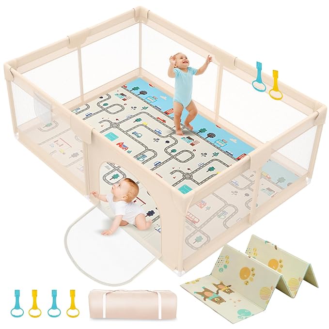 Playpen with Mat 71x59inch - Extra Large Baby Play Pen for Babies and Toddlers - Indoor and Outdoor Baby Playpen with Soft Breathable Mesh Cover - Sturdy Foam Babies Gate Playard (Apricot)