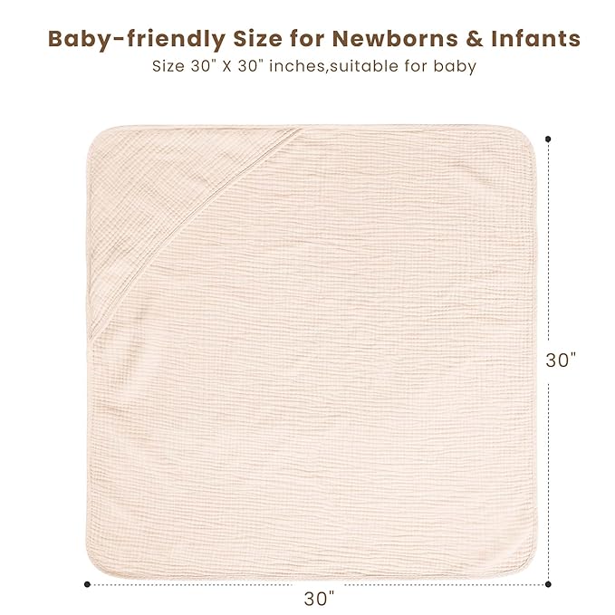 Konssy 2-Pack Muslin Hooded Baby Towels, 100% Cotton, Ultra-Soft & Absorbent Baby Bath Towels with Hood for Newborn & Infant (Cream, Blossom,30" x 30")