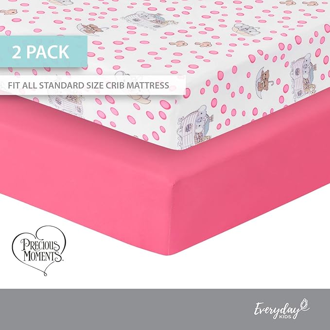 Precious Moments Noah’s Ark Fitted Crib Sheet 2 Pack for Baby Girl by Everyday Kids; 1 Animals on the Ark Printed Crib Sheet and 1 Solid Bright Pink; Adorable Wildlife Elephants, Giraffes, Bears Print