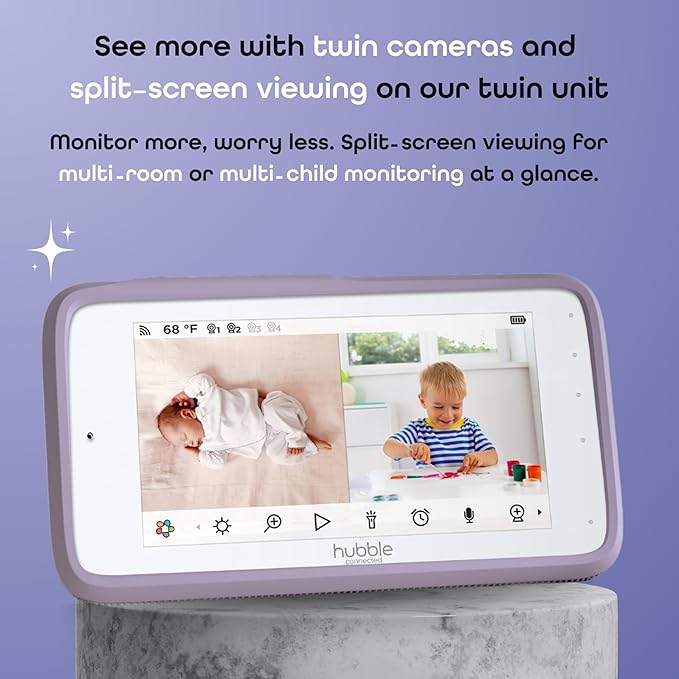 HUBBLE CONNECTED SkyVision Pro Twin AI-Enhanced HD Smart Baby Monitor, 2 Cameras, Parent Unit, Mounts, Smart Rollover & Cry Detection, AI Sleep Report, 2-Way Talk, Night Vision, Light & Sounds, App