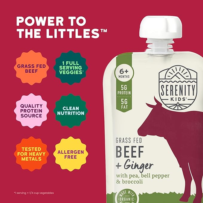 Serenity Kids 6+ Month Organic Beef & Veggie Baby Food Pouches - Grass-Fed Beef with Organic Pea, Bell Pepper & Broccoli - BPA-Free Baby Puree Pouch - 3.5 Oz, 12 Pack