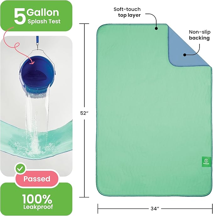 IMPROVIA® Washable Underpads, 34" x 52" (Pack of 2) - Heavy Absorbency Reusable Incontinence Pads for Kids, Adults, Elderly, and Pets - Waterproof Protective Pad for Bed, Couch, Sofa, Furniture, Floor