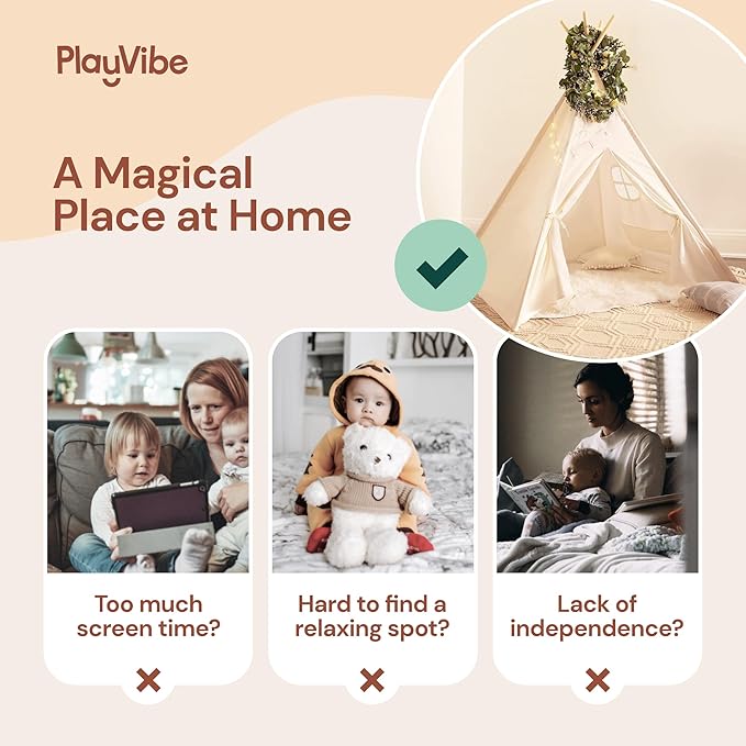 PLAYVIBE Teepee Tent for Kids - Castle Theme, Plastic Canopy - Indoor & Outdoor Toddler Playhouse with LED Star Lights & Cozy Reading Nook