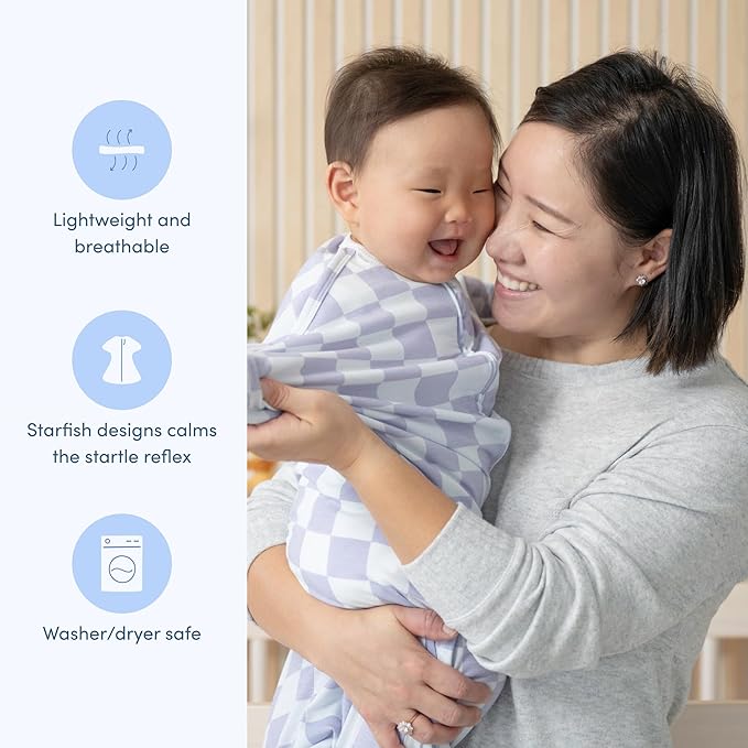 SleepingBaby Zipadee-Zip Transition Swaddle - Cozy Baby Swaddle Blanket with Zipper Convenience - Roomy Wearable Blanket for Easy Diaper Changes - Lavender Check, Medium (6-12 Month)