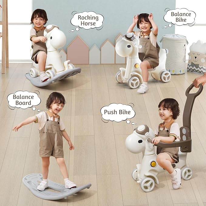 4 in 1 Rocking Horse for Toddlers 1-3 Years Old, Baby Rocking Toy Fun Birthday Gift for 1+ Kids, Ride on Toy with Guard Rails, Detachable Balance Board and Footrest，Balance Bike with Push Handle