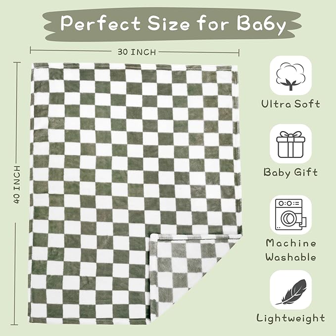 Yurhap Checkered Baby Blanket Fleece Baby Blankets for Boys, Ultra Soft Cozy Fluffy Infant Toddler Newborn Receiving Blankets for Crib Stroller, 30''x40'', Dark Olive