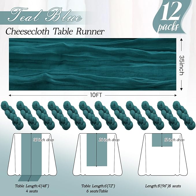 12Pack Teal Cheesecloth Table Runner 35 x 120 inch Cheese Cloth Table Runner 10FT Boho Table Runners Rustic Gauze Table Runners for Party Wedding Birthday Dining Bridal Shower Baby Shower Decor