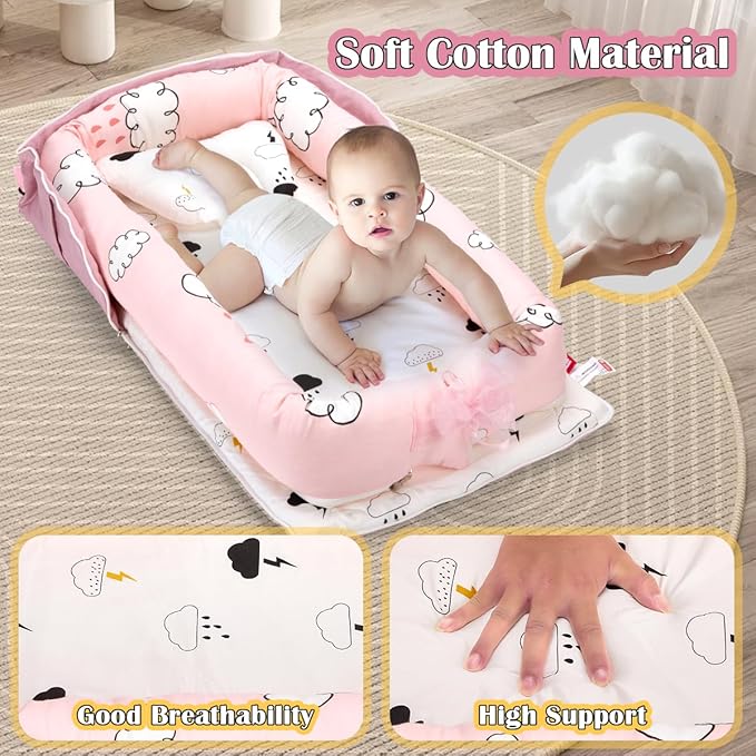 Infant Lounger, Baby Nest for Newborns, Portable Breathable Baby Lounger Adjustable U-Shaped Safety Bumper for Cozy Comfort - Raindrop Cloud