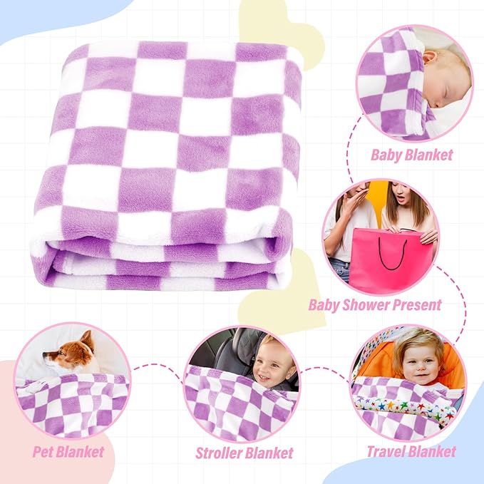 Plush Checkered Baby Blanket for Boys Girls Nursery, 30"*40" Warm Short Fleece Blanket Neutral for Infant Newborn, Small Fuzzy for Sleeping, Chenille or Stroller (Purple&White)
