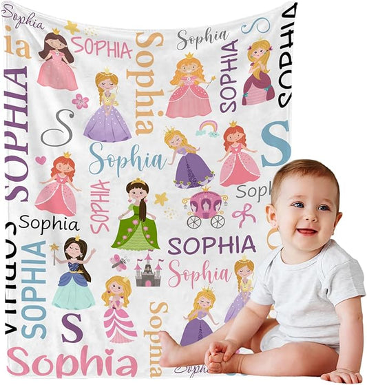 Personalized Baby Blanket with Name, Custom Pincess Name Blanket Toddler Girls Soft Flannne Swaddling Blankets Customized Monogram Memorial Gift from Nana for Infant Newborn Shower