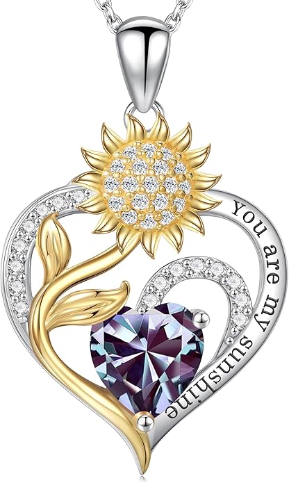 Iefil Sunflower Gifts for Women - Sunflower Necklace Heart Pendant Birthstone Necklace for Women Anniversary Birthday Gifts for Wife You Are My Sunshine 925 Sterling Silver Jewelry for Wife Mom