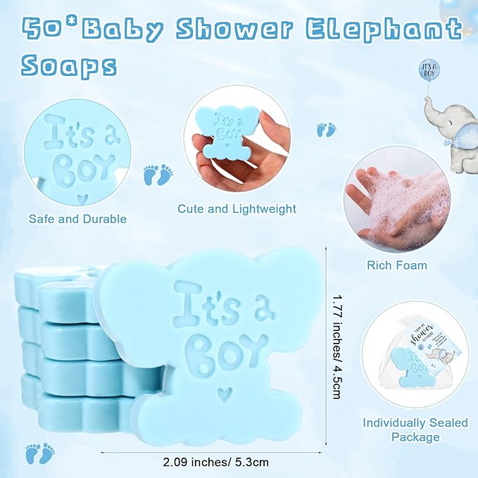 50 Sets Baby Shower Soap Favors for Guests Boy Girl Mini Handmade Scented Soaps with Thank You Tags and Organza Bags for Shower Gender Reveal Party Favors(It's A Boy,Blue Elephant)