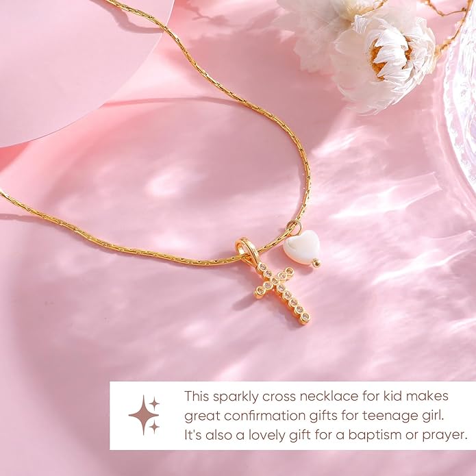 Delicate Cross Necklace for Girls : Gold Plated Pearl Heart Cubic Zirconia Cross Chain Necklace Christening Jewelry Baptism First Communion Confirmation Easter Gifts Teen Kids Little Girl