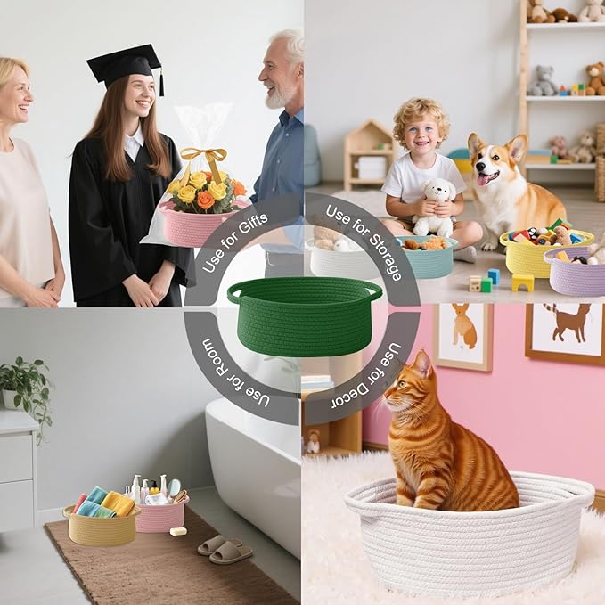 Gift Basket with Gift Bag and Ribbons,Small Rope Woven Shelf Storage,Baskets for Gifts Empty,Birthday,Shower,Decorative Organizer Box for Cat Dog Pet with Handles(Green)