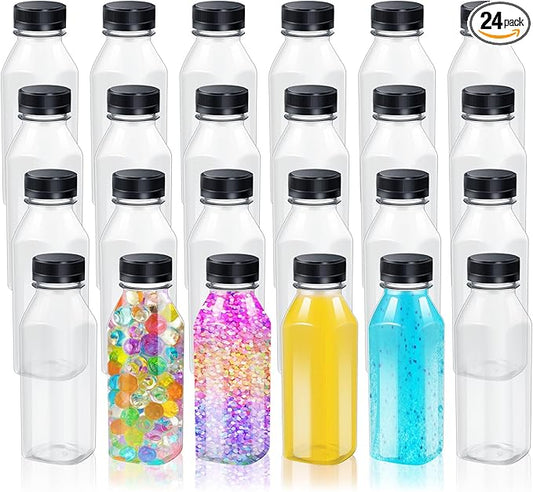 Honeydak 24 Pcs Empty Sensory Bottles Bulk with Black Lids 10 oz / 300 ml Clear Plastic Reusable Leakproof Juice Bottles Drink Container for Sensory Crafts Handmade Beverages Storage (Square)