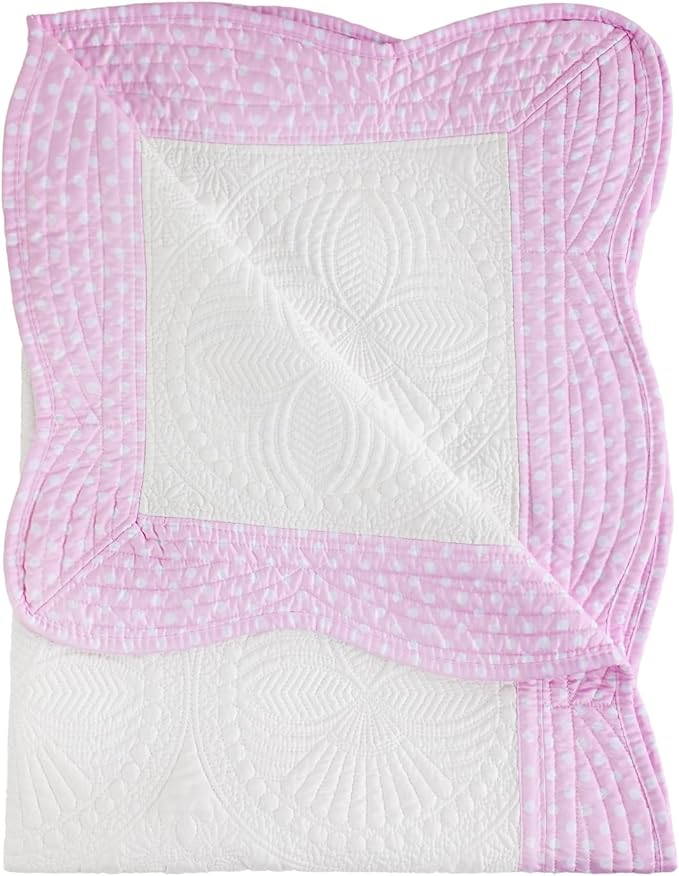 MONOBLANKS Baby Quilt Personlized Monogram Lightweight Embossed Scalloped Throw Blanket Four Seasons (Pink Polka Dots)