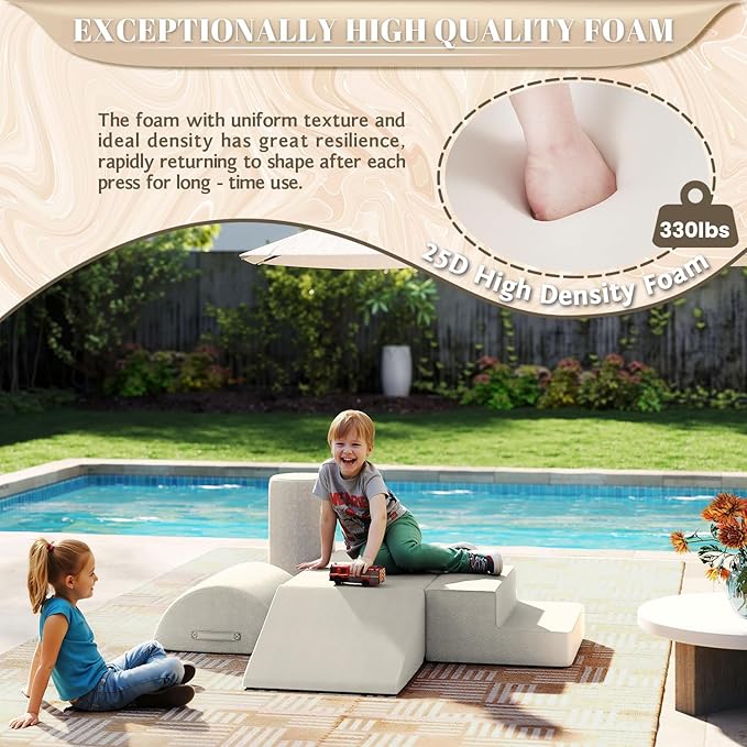 jela Kids Foam Climbing Blocks 6Pcs Soft Play Equipment Waterproof Fabric, UV Resistant Toddler Climbing Toys Indoor& Outdoor Soft Play Climbing Set, Lightweight Climbing Blocks for Toddlers(Sand)