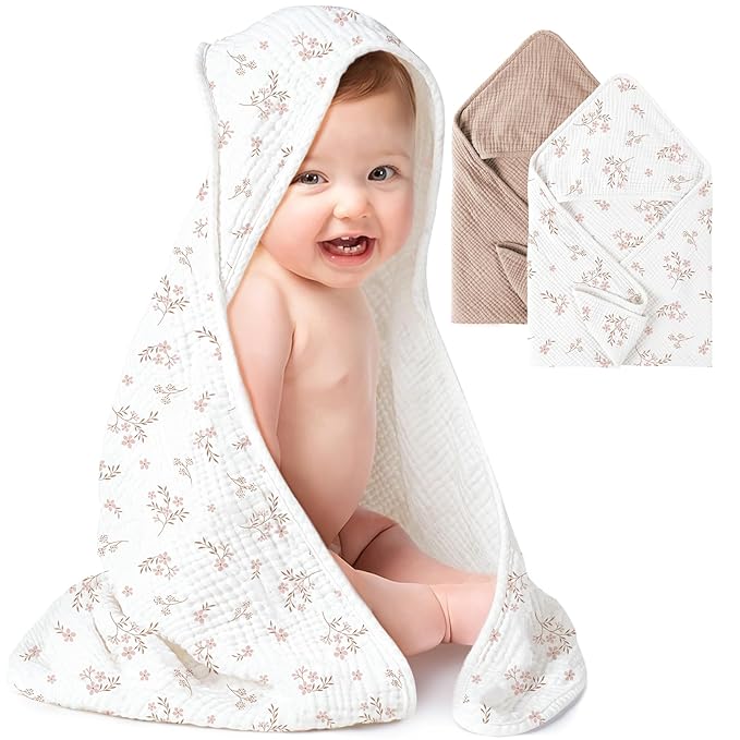 Konssy 2-Pack Muslin Hooded Baby Towels, 100% Cotton, Ultra-Soft & Absorbent Baby Bath Towels with Hood for Newborn & Infant (Taupe,Soft Blooms,30" x 30")