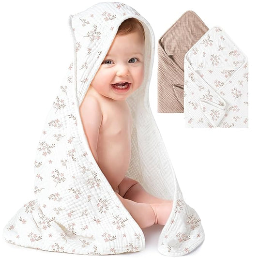 Konssy 2-Pack Muslin Hooded Baby Towels, 100% Cotton, Ultra-Soft & Absorbent Baby Bath Towels with Hood for Newborn & Infant (Taupe,Soft Blooms,30" x 30")