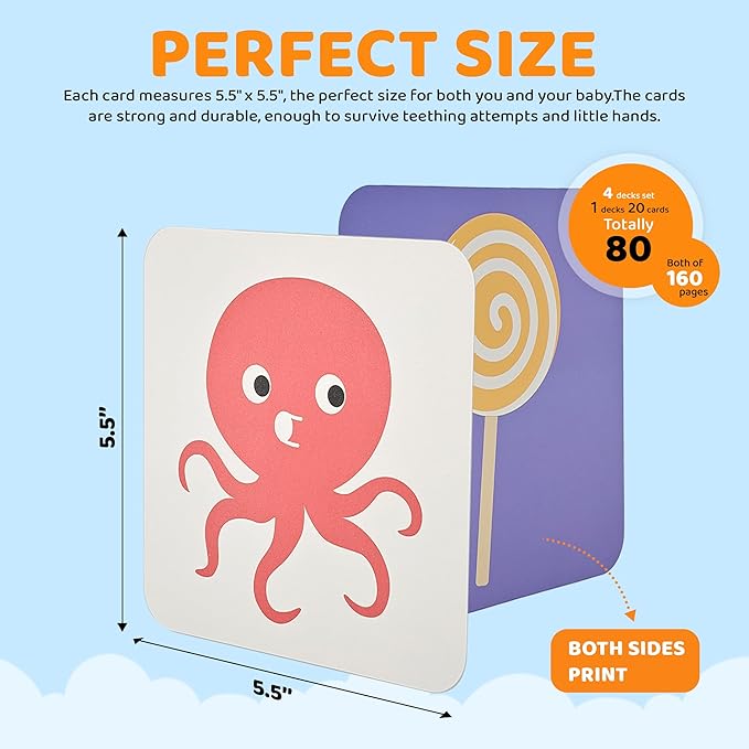 Baby Flash Cards: High Contrast Visuals for Babies - 4 Sets of Visual Stimulation Cards for Each Stage of Development. 80 Cards in Complete Set. Baby Essentials for Your Einstein.