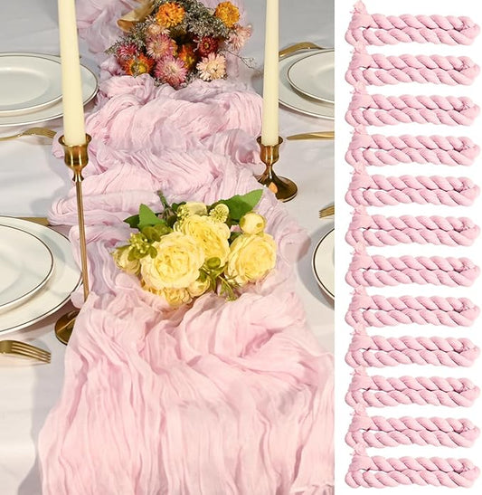12 Pack Light Pink Cheesecloth Table Runners 35x120 Inch, Wide Pleated Boho Gauze Runner for Wedding Baby Shower Birthday Party, Semi-Sheer Rustic Table Decor