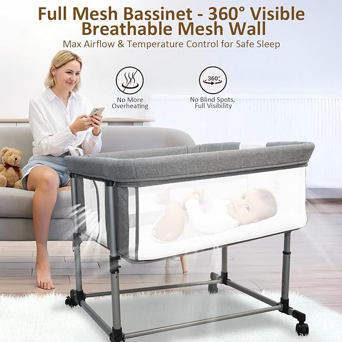 Twin Bassinet for 2 Babies, Double Bassinet for Twins, Baby Bassinet with Wheels, Full-Mesh Sides, 5-Height Adjustable, Portable and Stable Baby Crib for Newborns (Basic Grey)