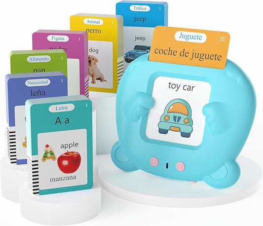 Spanish & English Talking Flash Cards for Toddlers, Pocket Speech Therapy Toys with 510 Words, Montessori Language Learning and Autism Toys, Children's Sensory Learning Device Gift (Blue)