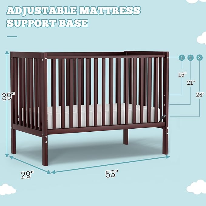 Baby Crib 5-in-1 Convertible, Wood Full Size Toddler Bed for Small Baby, Made of Sustainable Natural Pinewood Cribs, Non-Toxic Finish, Simplistic Nursery Furniture (Espresso)